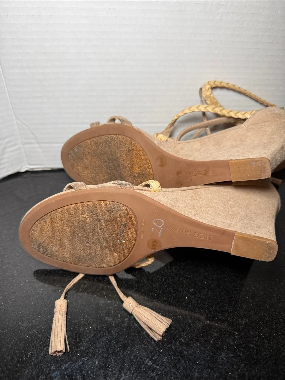 BCBGeneration Taupe Faux Suede Wedge Sandals Braided Straps Size 8.5
